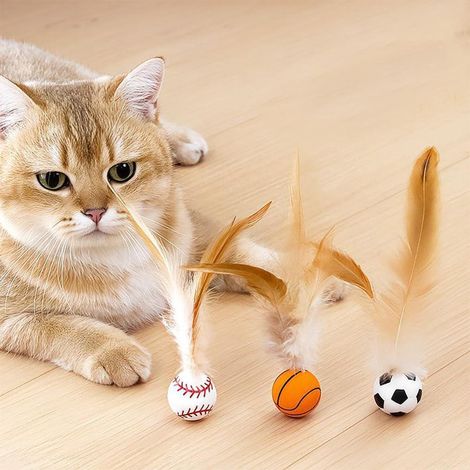 3 Pieces Cat Rebounding Balls with Natural Feathers, Cool Sports Pattern Pet Balls for Hunting Simulation Interactive Play (1/5)