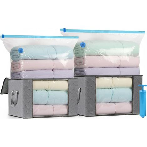 Lot de 2 Sacs de Rangement Sous Vide avec Pompe et 2 Coffres de Rangement en Tissu, Housse de Rangement Sous Vide Vêtement Aspirateur Grande Capacité XXL pour Duvet Couette Oreillers (1/5)