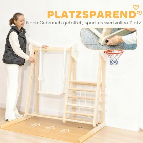 5-in-1 Indoor-Klettergerüst mit Rutsche, Schaukel, Kletternetz, Basketballkorb, klappbar, 3-6 Jahre, Naturholz