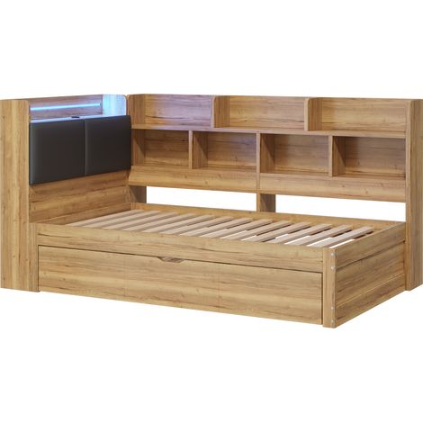 Lit pour enfant avec rangement 90x200, éclairage LED, ports de charge USB et lit gigogne 90x190 cm, lit de jour en bois en L avec étagères, couleur naturelle