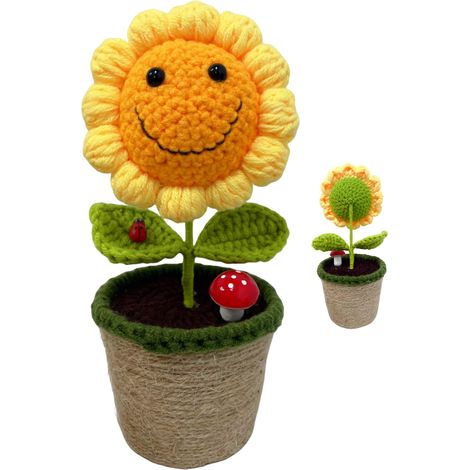 Tournesol artificiel au crochet, cadeaux pour la fête des mères, laine tricotée à la main, visage, pot de fleurs, tournesol pour la décoration de la maison, ornements pour enfants, (1/5)