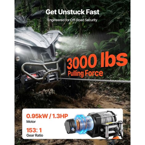 Treuil électrique 1360 kg 12V pour ATV UTV, câble acier 5 mm x 12 m, télécommande filaire, IP55, boîtier alu, galet et plaque fixation remorquage, noir (1/5)