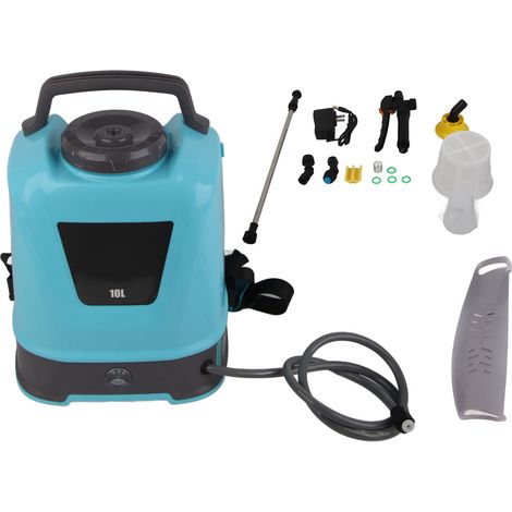Pulverizador eléctrico azul de 10 litros, alimentado por una batería recargable y equipado con un asa. (1/5)