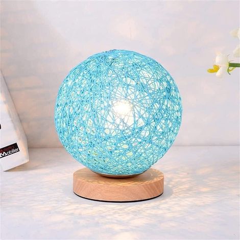 Rattan-Nachtlicht, handgeflochtene Tischlampe mit Schirm, USB-aufladbar, stimmungsvolle Beleuchtung für Schlafzimmer und Wohnzimmer, Blau