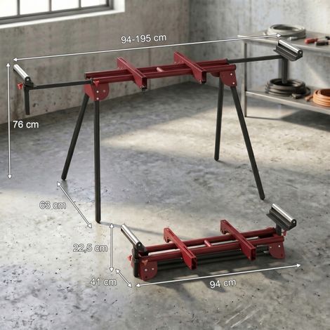 Support universel pour scie à onglets avec roues extensibles et bras stabilisateurs, établi mobile avec tréteaux repliables (1/5)
