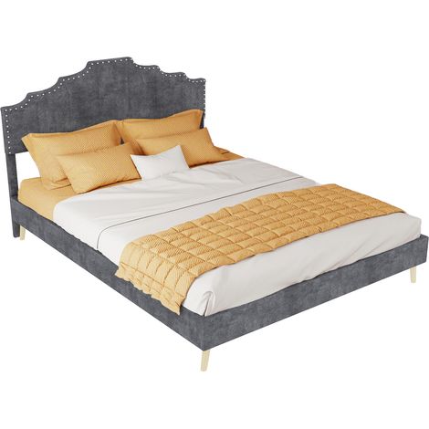 Lit moderne minimaliste moelleux, tête de lit confortable et douce, 140200CM, gris, meuble de chambre multifonction, cadre de lit bas, sans vérin à gaz, sans matelas. (1/5)