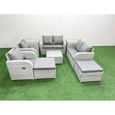 Fimous 8 Seater Outdoor Reclining Chair Love Sofa Set Rattan Garden Furniture Set with Square Coffee Table 2 Big FootStools 2 Side Table Light Grey (1/5)