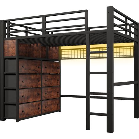 Letto a soppalco 140x200 cm in metallo nero con 8 cassetti, LED, mensole e pannello forato (1/5)