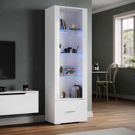 SONNI LED OffenerVitrinenschrank 4 Fächer mit Schublade Hochglanz Bücherregal für Wohnzimmer, Schlafzimmer, Weiß 55x35x172cm (1/5)