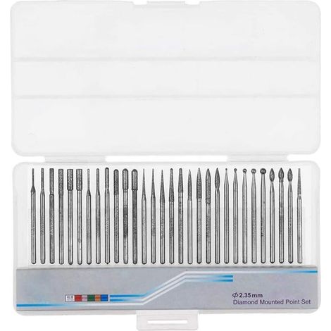 Kit de 30 fraises diamantées à tige de 2,35 mm, revêtues de titane, pour le polissage de la pierre, la sculpture, la joaillerie, le verre et la céramique. Accessoires inclus. (1/5)