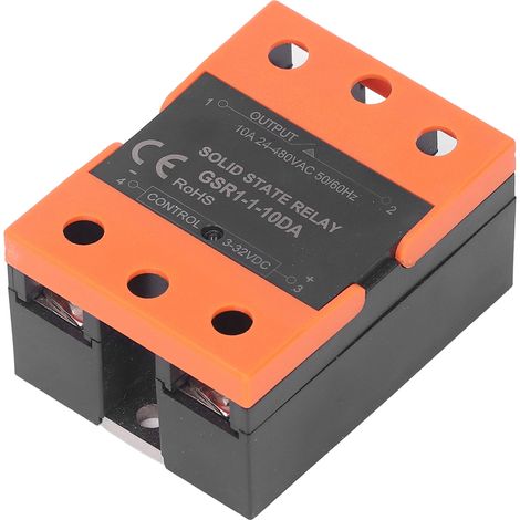 Relais statique miniature AC piloté par DC 3-32V, modèle GSR1-1-10DA, commande de charge 10A, commutation silencieuse, idéal pour automates et circuits industriels. (1/5)