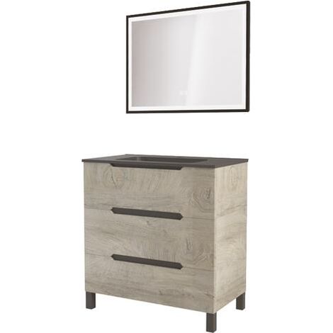 ONDEE - Mueble de baño ALASKA -80cm - Madera - 3 Cajones - encimera negra -Mir SELENA