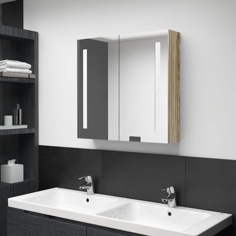 Armoire de salle de bain à miroir LED, Meuble de Rangement, Placard de Rangement Toilettes Chêne 62x14x60 cm MJU14564 (1/5)
