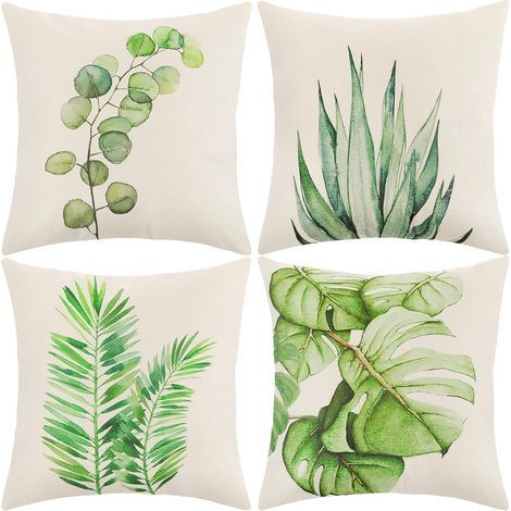 Housse De Coussin, Housse Coussin 45x45 Taie D'oreiller Lot De 4 Housses Coussin Decoratif Fleurs La Vie Marine Plante Tropicale Schéma Pour Canapé Chaise De Salon (Feuille Verte-Coton Coton) (1/5)