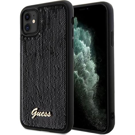 Guess GUHCN61PSFDGSK Custodia rigida nera/nera per iPhone 11 / Xr 6.1" con scritta in paillettes e dettagli in metallo (1/5)