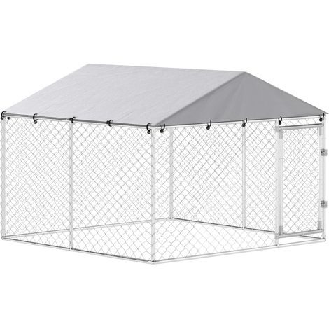 Recinto per Cani da Esterno 230x230x170 cm con Tetto in PE Anti-UV Impermeabile Doppia Chiusura in Acciaio Zincato Argento (1/5)