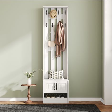 Meuble d'entrée 50x36x190 cm blanc en panneaux de particules avec rangement, assise et crochets (1/5)