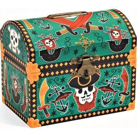 Djeco Hucha Cofre colorido con motivos de piratas madera cartón