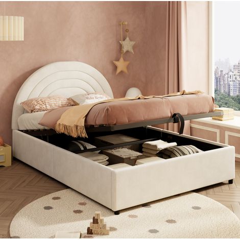 Letto contenitore in velluto beige 140x190 cm con testiera imbottita e rete a doghe (1/5)