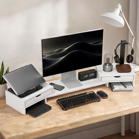 Support moniteur réglable avec 2 tiroirs pour bureau en bois (1/5)