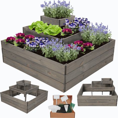 MODO24 Potager surélevé bois ZP08 45x92x92 cm, jardinière balcon/terrasse pour herbes, légumes, kit jardinier inclus, gris imprégné