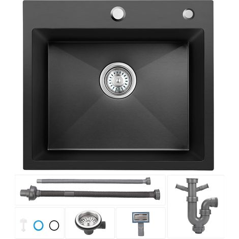Évier moderne - 50 x 45 cm - 1 bac - Évier de cuisine noir - Évier de cuisine avec 2 trous de robinet et trop-plein - Embout en acier inoxydable - Stable et durable - Facile à nettoyer (1/5)