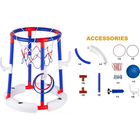 Panier de basket flottant 2 en 1 pour piscine, jeu tir et lancer d'anneaux avec ballon, pompe et anneaux, jouet d'été pour enfants (1/4)