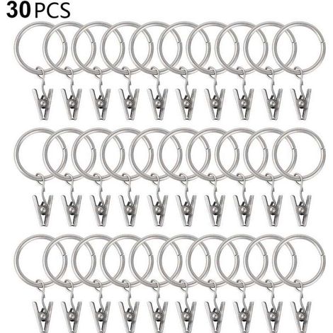30 PCS curtain rings with clips, sturdy drapery clips, hooks on tension rod bracket, inner diameter metal eyelets, decorative curtain hangers, silver