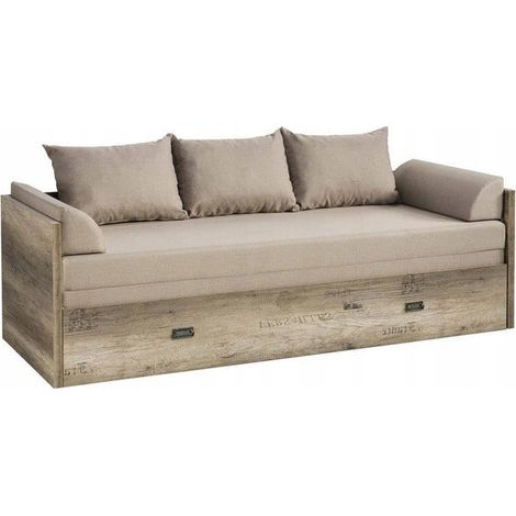 Pegane – Lit canapé pliant 80-160x200 chêne avec matelas dépliable et 3 oreillers – Rangement coulissant – Longueur 202,5 cm (1/5)