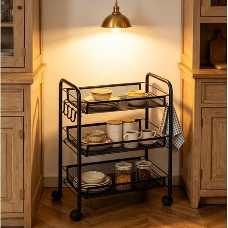 Carrello portatutto a 3 livelli con cestelli in rete e ruote 45 x 26,5 x 63 cm nero (1/5)