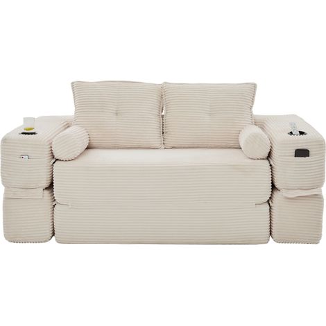 Divano letto 2 posti in velluto a coste beige con schiuma ad alta densità e molle (1/5)