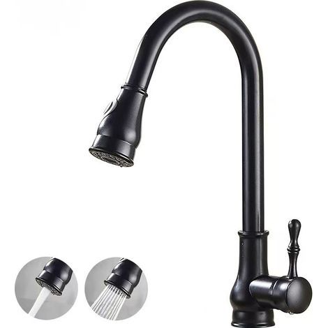 Robinet Cuisine Cuivre Noir Mitigeur Extractible Bec Unique Douchette Tournante Eau Chaude Froide (1/5)