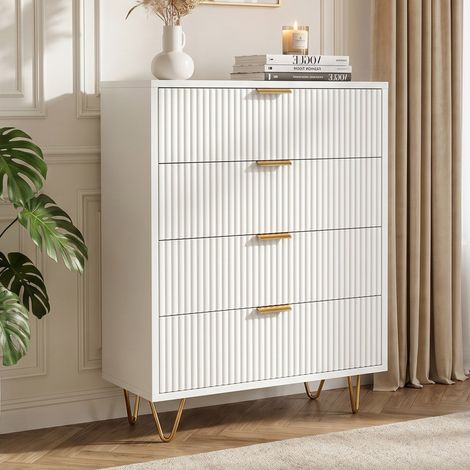 Commode 4 tiroirs - Meuble de rangement à motif ondulé - Buffet - Pieds dorés - 60 × 34 × 91 cm - MDF - Blanc