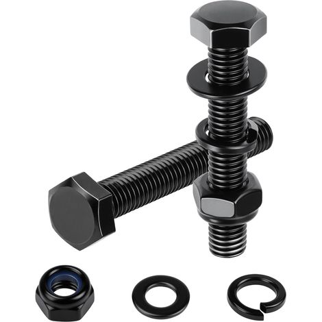 10 Pièces Boulons à Tête Hexagonale Noir M6x65 mm Boulon Inox M6 A2 V2A Vis Inox avec écrou Autobloquant, Rondelle élastique et Rondelle Plate pour Meubles Auto (1/4)