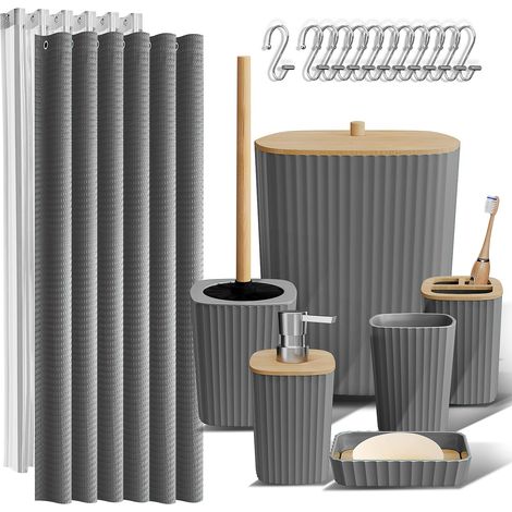 Ensemble d'accessoires de Salle de Bain Gris - Ensemble de Rideau de Douche, Brosse WC, Poubelle et Distributeur de Savon - Bambou, Matte, Contemporary, Gris (1/5)