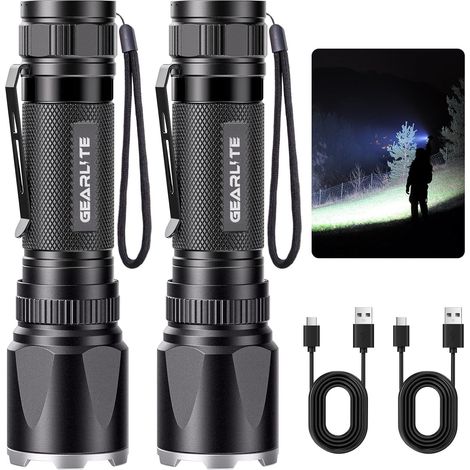 Lampe Torche Rechargeable, 3000LM Mini Lampe de Poche Tactique LED Ultra Puissante Rechargeable Zoomable avec 3 Modes D'éclairage, IP65 Étanche Longue Portée LED Flashlight pour Campin, Vert (1/5)