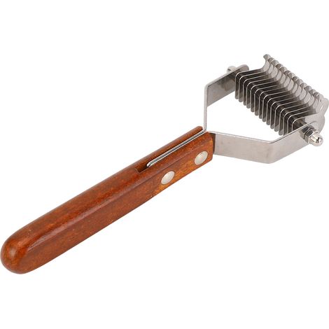 Brosse de toilettage pour animaux de compagnie en acier inoxydable double face, démêlante et désépaississante, avec manche en bois, petit format. (1/5)
