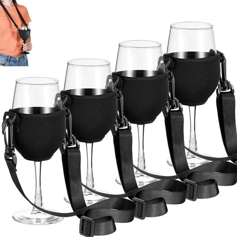 Tragbarer Weinglashalter, tragbarer Becherhalter mit Umhängeband, geeignet für Partys, Picknicks und Urlaub - Schwarz (4er-Pack) (1/5)