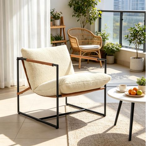 Fauteuil 77x91x80 cm en tissu bouclette et métal crème, facile à monter pour salon FloraGrace (1/5)