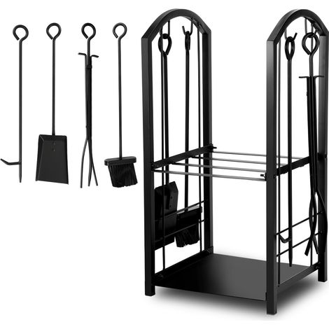 Randaco Rangement bois de cheminée 2 niveaux, 37 x 33 x 74 cm, support porte-bûches avec ensemble de 4 outils pour cheminée et poêle (1/5)
