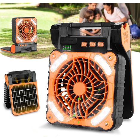 Ventilateur Solaire, Ventilateur Camping Rechargeable 5200 mAh, Ventilateur Tente Portable avec Lumière LED, Minuterie, 4 Vitesses, Ventilateur Batterie Extérieur Puissant