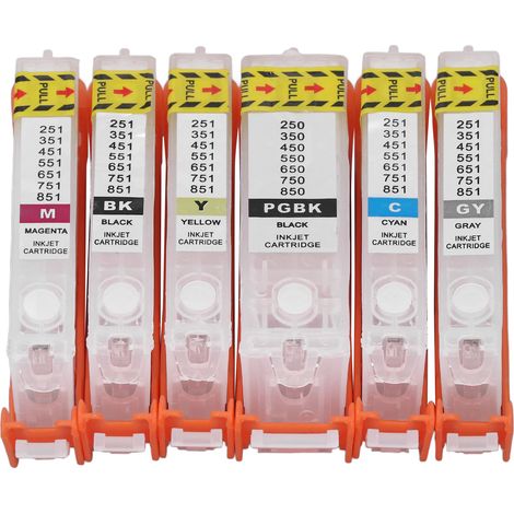 Cartouche d'encre réutilisable 6 pièces PGBK BK C M Y GY pour papier test, pack combo sortie fluide pour imprimante 350-351 (1/5)