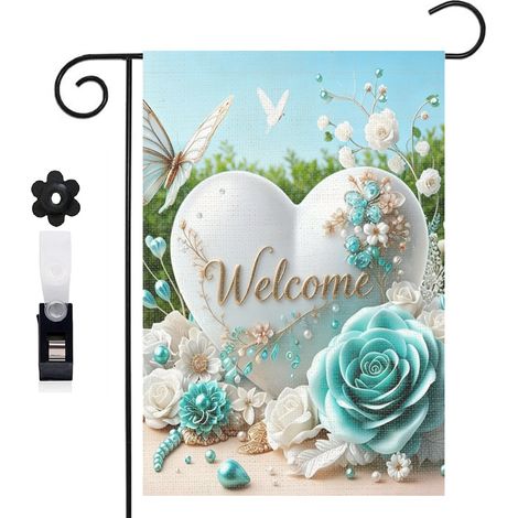 Drapeau de jardin Welcome et composition de fleurs bleues 30 x 45 cm décoration porche et entrée (1/5)