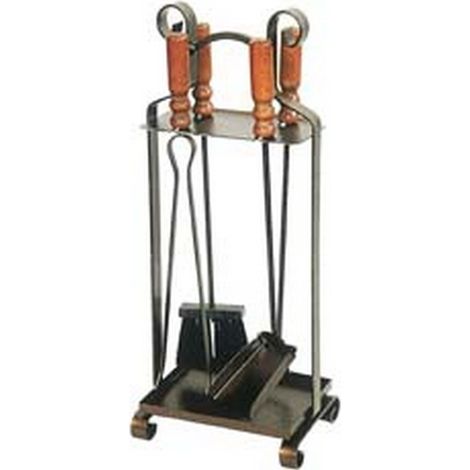 SET 4 ATTREZZI MANICO LEGNO BASE QUADRA PER CAMINO