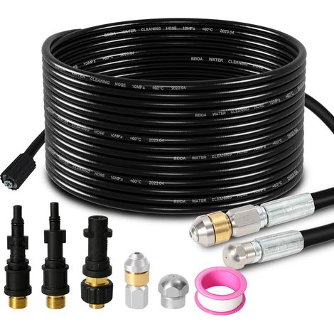 Wolketon Kit manguera desatascadora de tuberías 15 m para hidrolimpiadora 160 bar, con 2 boquillas, 2 conectores y adaptador