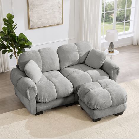Divano angolare 190/149 cm in ciniglia grigio chiaro con pouf mobile e cuscini trapuntati (1/5)