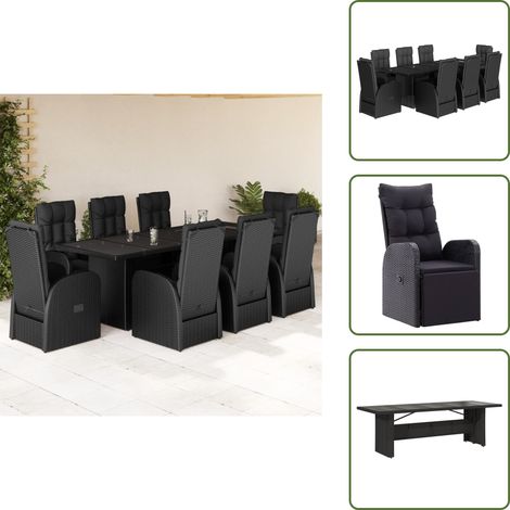 The Living Store 9-tlg. Garten-Essgruppe mit Kissen Schwarz Poly Rattan - Gartentisch (1/5)