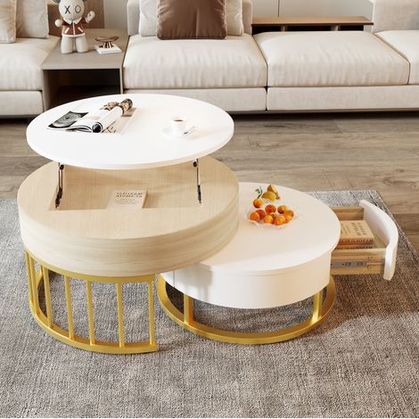 Mesa baja redonda nido elevable con cajón, MDF blanco y dorado HAVRYA (1/5)