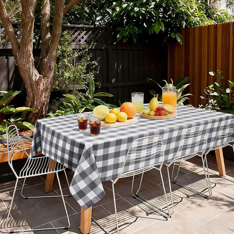 1 Nappe rectangulaire, motif Vichy gris et blanc, tissu polyester imperméable, finition ourlet plié, pour jardin, salle à manger, fête