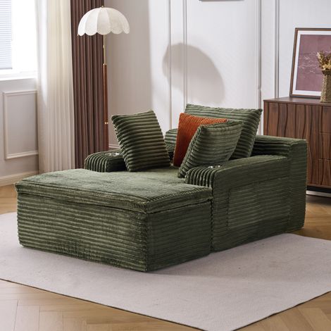 Sofá cama 165/112/63 cm de pana verde con chaise longue, 3 cojines y portavasos (1/5)